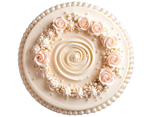 Top View of Blush Toned Floral Vanilla Cake with Pearl Accents, PNG Cutout