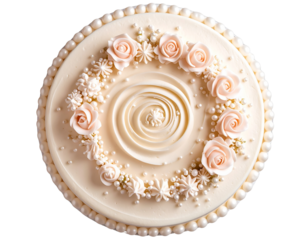 Top View of Blush Toned Floral Vanilla Cake with Pearl Accents, PNG Cutout