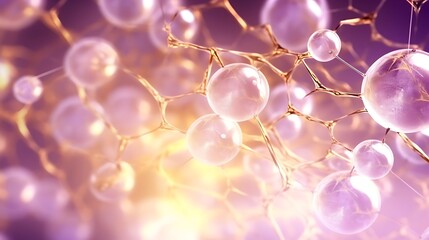 A mesmerizing network of clear glass bubbles, delicate reflections of light creating a glowing lattice structure, soft lavender and pale gold highlights swirling across the surface.