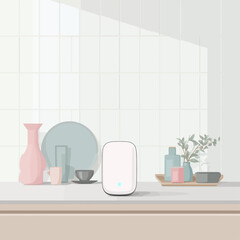  Modern smart home device mockup in stylish pastel kitchen interior - perfect template for IoT products, appliances, wellness tech and lifestyle brand presentations