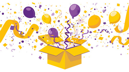 Festive birthday celebration with golden gift box, colorful balloons and confetti explosion on light background - perfect for party invitations and greeting cards