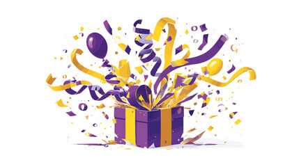 Festive birthday celebration with golden gift box, colorful balloons and confetti explosion on light background - perfect for party invitations and greeting cards