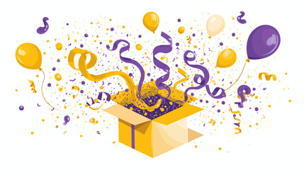 Festive birthday celebration with golden gift box, colorful balloons and confetti explosion on light background - perfect for party invitations and greeting cards
