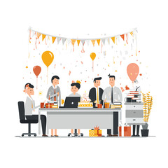 Creative diverse group celebrating birthday party in modern art studio workspace with colorful decorations, balloons, and festive atmosphere - perfect for social events and teamwork concepts