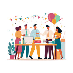 Creative diverse group celebrating birthday party in modern art studio workspace with colorful decorations, balloons, and festive atmosphere - perfect for social events and teamwork concepts