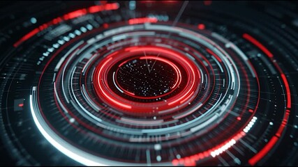 A glowing red and white futuristic digital interface with concentric circles and data elements on a dark background. - Powered by Adobe