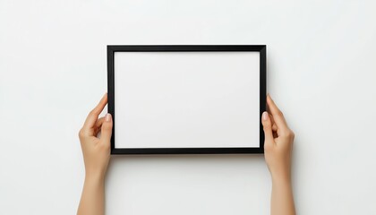 Close-Up Shot Of Woman Holding Black A4 Frame For Posters And Pictures On White Background With Copy Space In Hands.