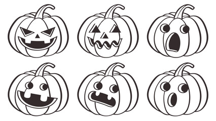 Illustration of six black and white cartoon pumpkins with various facial expressions for halloween decoration