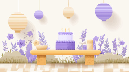 Watercolor birthday party scene with paper lanterns, floral decorations and layered cake in soft pastel colors - perfect for invitations, cards and celebration designs