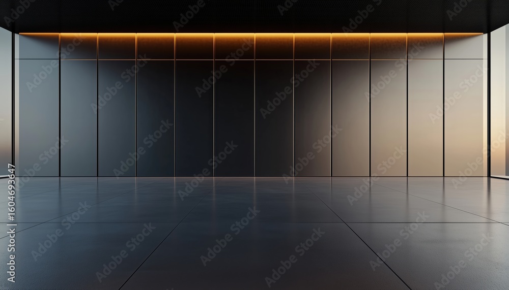 Poster modern empty space featuring polished concrete floor and textured panel walls, perfect for product d