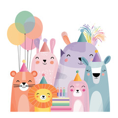 Cute cartoon animals celebrating birthday party with balloons, cake and party hats. Perfect for children's greeting cards, invitations and festive designs