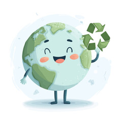 Happy cartoon Earth character promoting recycling and environmental awareness - perfect for eco-friendly marketing, sustainability campaigns, and green business communications