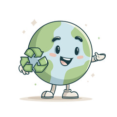 Happy cartoon Earth character promoting recycling and environmental awareness - perfect for eco-friendly marketing, sustainability campaigns, and green business communications