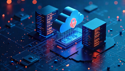 Isometric 3D illustration of cloud servers with data streaming and locked shields, set against a dark blue gradient background, rendered in a modern tech style, illuminated by neon blue lights