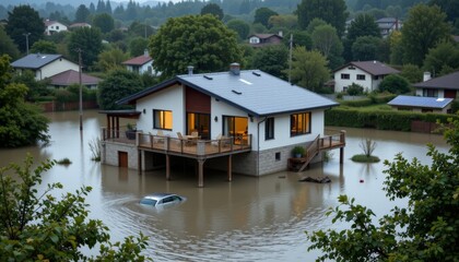 Fototapeta premium Submerged modern house and car after flooding residential area photography urban environment aerial view climate impact