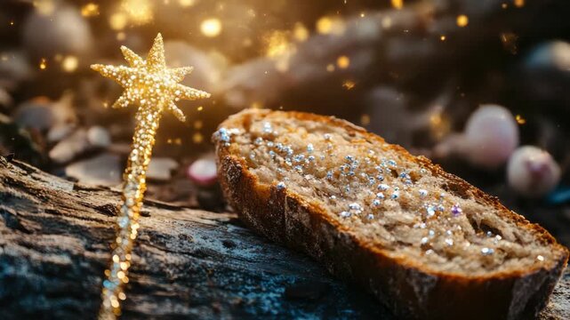 Glittering wand beside slice of bread under magical light