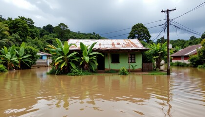 Flooded residential area in suburban neighborhood affected homes tropical climate overhead view environmental crisis