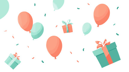  Colorful birthday celebration background with balloons, gift boxes and confetti in modern flat design style. Perfect for party invitations, greeting cards and festive marketing materials