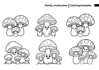 Cute Mushroom Family Coloring Page – Forest Friends for Kids. Whimsical mushroom characters in a forest setting, perfect for fun and imaginative coloring sessions for young children.