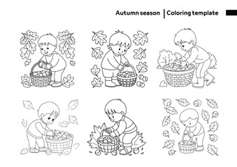 Autumn Season Coloring Page for Kids – Fall Fun and Leaves. Cute autumn-themed coloring sheet featuring kids playing with leaves and enjoying the harvest season. Ideal for preschool