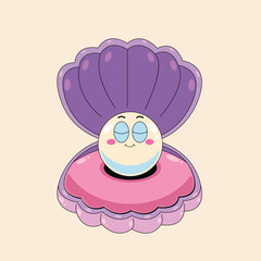 Cartoon illustration of a pearl with a face resting peacefully inside an open, purple and pink seashell.