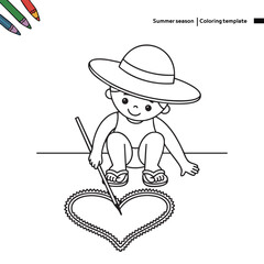Beach Coloring Page – Boy Sitting and Drawing Heart in Sand. A playful summer coloring sheet featuring a young boy in a hat drawing a heart. Great for holiday-themed art fun.