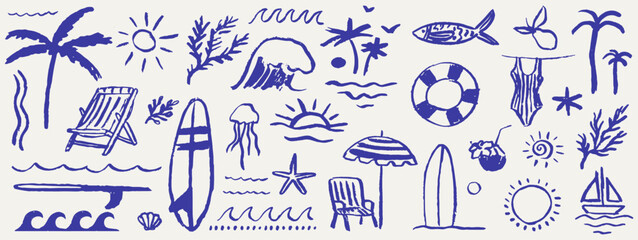 Naklejka na ściany i meble Hand drawn doodle summer beach, sea and surf vector illustration set. Tropical coastal elements palm trees, waves, surfboards, and sun with ornament for t-shirts, posters, and placards prints.
