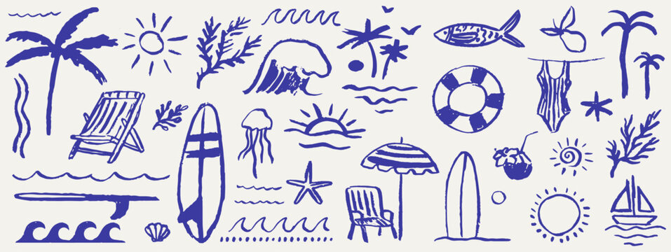 Hand drawn doodle summer beach, sea and surf vector illustration set. Tropical coastal elements palm trees, waves, surfboards, and sun with ornament for t-shirts, posters, and placards prints.