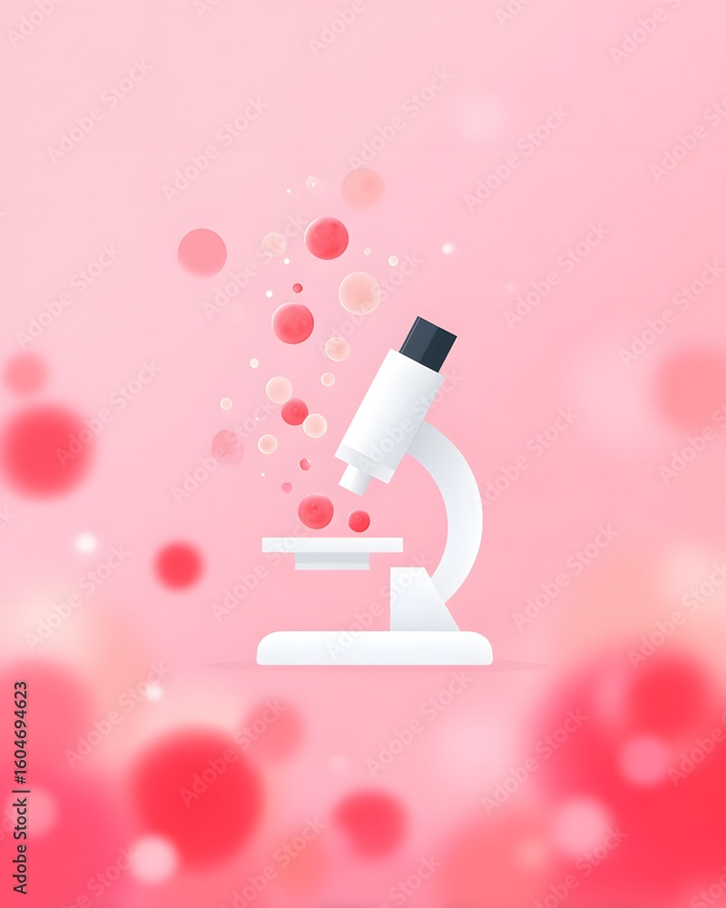 Aufkleber a white microscope on a pink background with red and pink spheres floating around, symbolizing scien