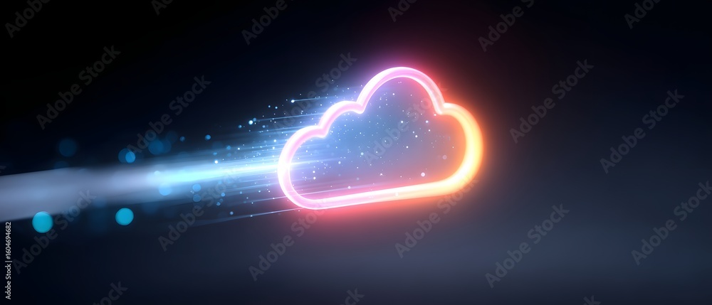 Poster a glowing neon cloud icon with a dynamic light trail on a dark background, symbolizing fast and effi