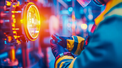 An illuminated futuristic industrial operation with a worker in protective gear interacting with a glowing data gauge, highlighting advanced technology and energy management.