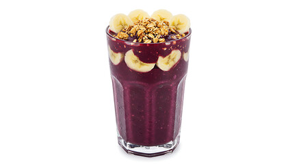 A tall glass of a&ccedil;a&iacute; smoothie topped with banana slices and granola, deep purple color, isolated on a white background