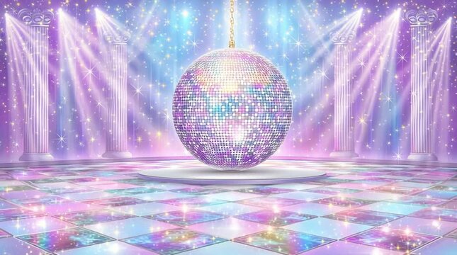 Magical dance motion pastel disco ball animation in fantasy palace, pastel disco ball sparkling scene, pastel disco ball rotating in magical light