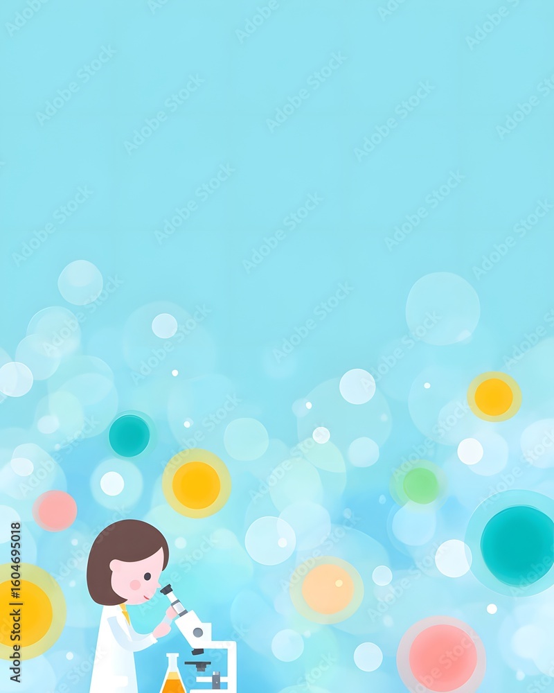 Poster a cartoon scientist examines samples through a microscope, surrounded by colorful floating circles r