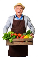 Smiling elderly man in apron holds wooden crate of fresh vegetables in garden setting