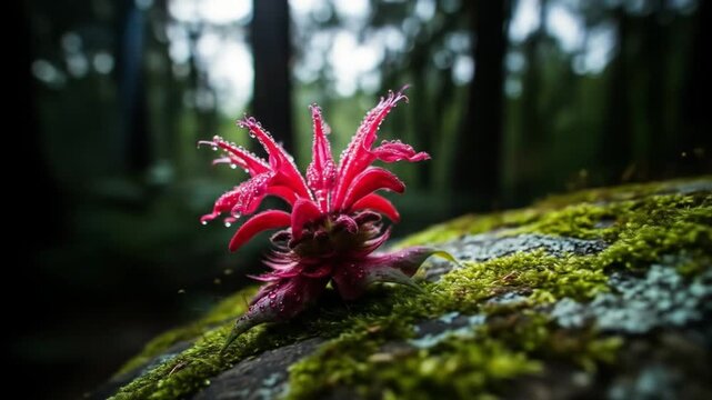 Beautiful Red Bee Balm Flower with Water Droplets in Lush Green Forest Environment