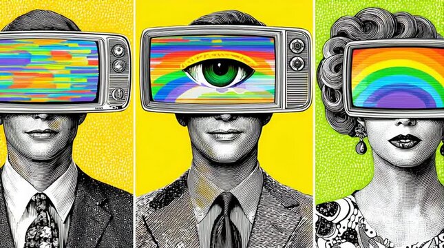 Bold retro fashion retro tv head animation with retro tv head design, retro tv head characters in pop art motion, retro tv head surreal collage visual
