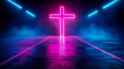 A glowing neon cross illuminates a dark, smoky futuristic tunnel with vibrant blue and magenta light, serving as an abstract digital artwork concept.