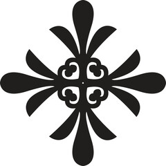 Elegant black ornate symmetrical floral design element with a central cross shape