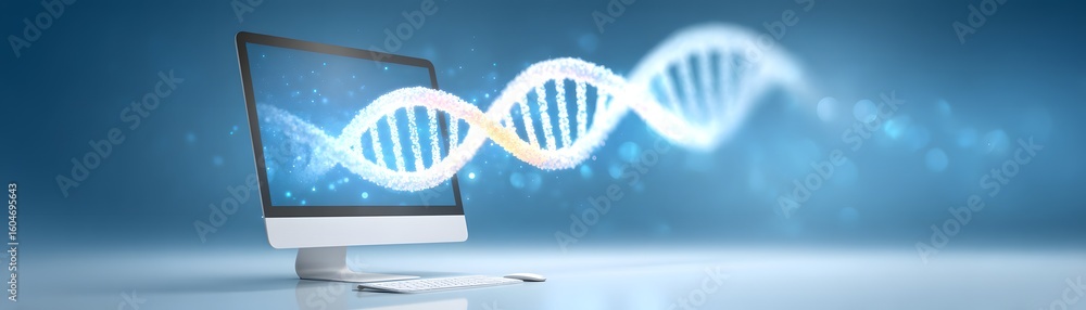 Poster a digital dna double helix emerges from a computer screen, symbolizing genetics and technology integ