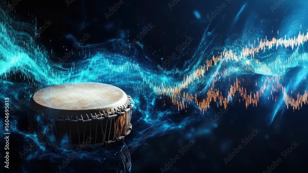 Poster traditional drum with abstract energy waves representing music and rhythm in dynamic visual composit