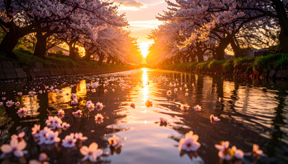 River scene with cherry blossoms at sunset reflecting serene nature scenery