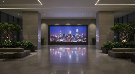 Modern lobby with large cityscape display and lush greenery