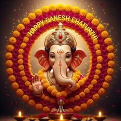 Ganesha Portrait with Floral Marigold Frame – Detailed Ganesh Wallpaper HD