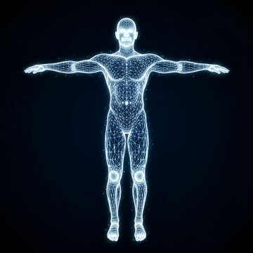 Digital representation of a human body, showcasing skeletal and muscular structure with glowing particles.