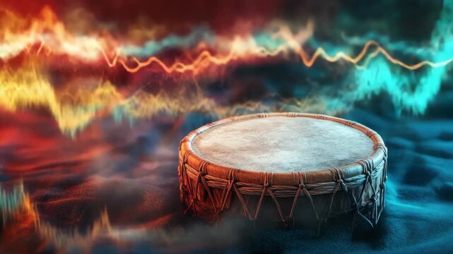 Traditional drum emitting colorful sound waves over textured surface Ethnicity and gender not applicable