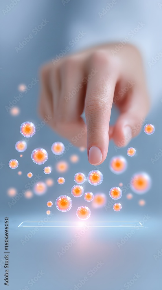 Poster a finger interacts with floating digital cells or particles above a glowing interface, symbolizing f