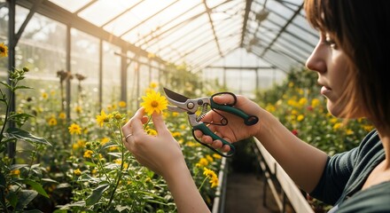 Woman gardener in greenhouse cutting yellow flower with shears, concept for floral shop display, sustainable agriculture and gardening blog content