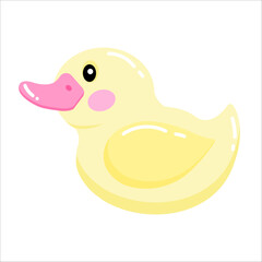Cute yellow rubber duck with pink cheeks and beak on white background.