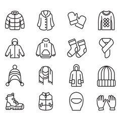 A collection of winter clothing icons. Thin line vectors. Contains icons such as sweaters, gloves, jackets, and more.